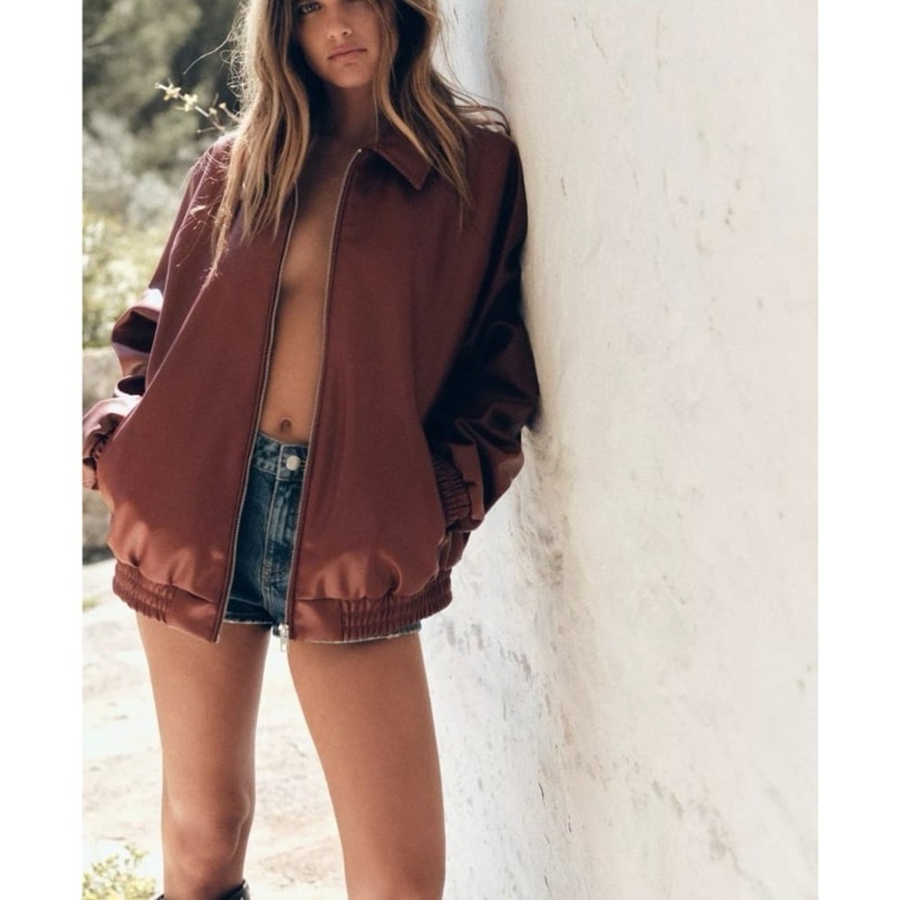 ZARA Faux Leather Bomber Jacket‎ Oversized Fit in Rich Chestnut Brown Size Small